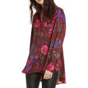 FP~ Silky Nights Cranberry Oversized Button Front Floral Print Blouse in size XS